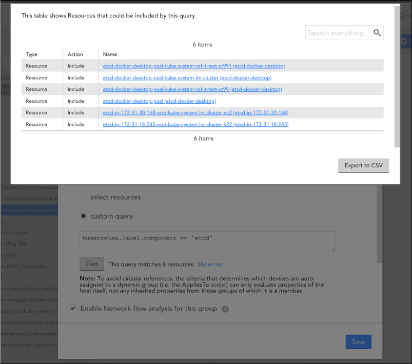 Filtered Kubernetes resources modal