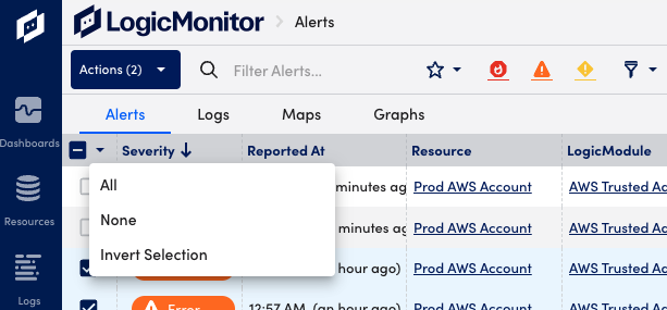 Alert page actions