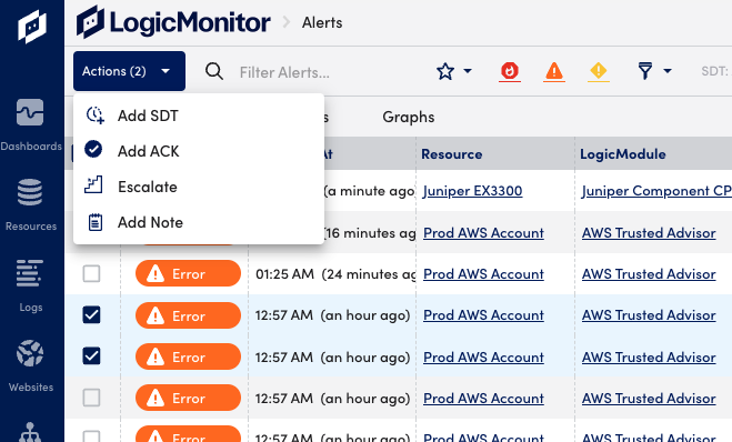 Alert page actions