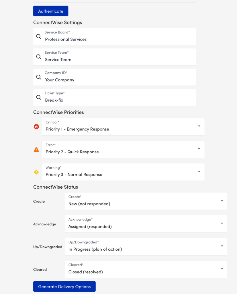 Authenticate connectWise page