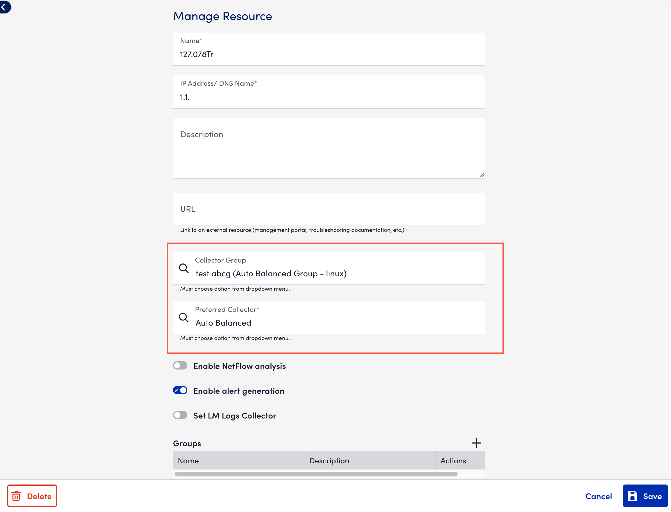 manage resources page with preferred collector option