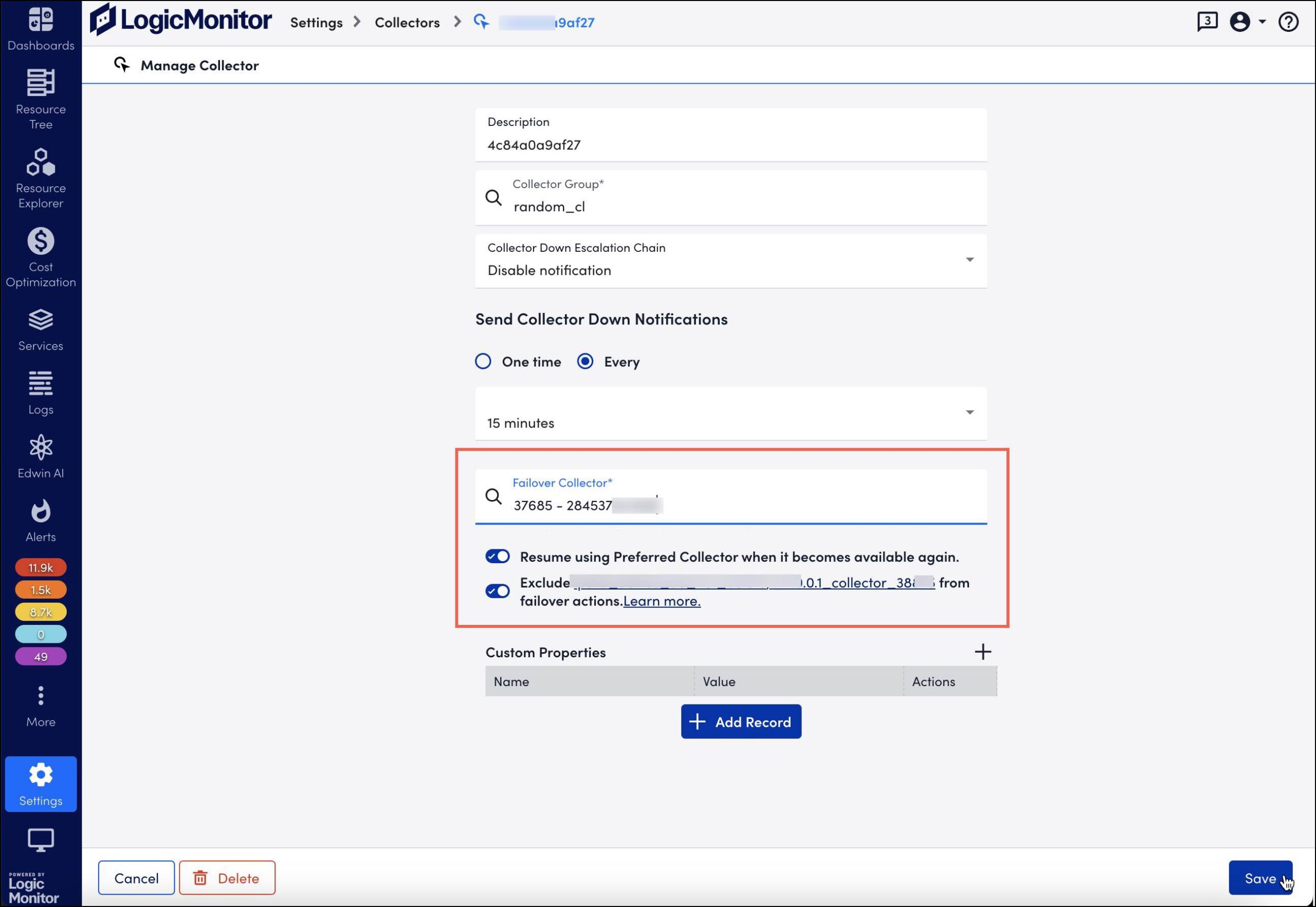 Manage Collector page with Failover Collector settings